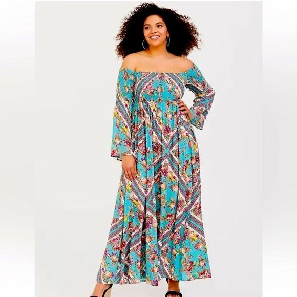 Dresses & Skirts - Torrid Off-Shoulder Teal Floral Maxi Dress